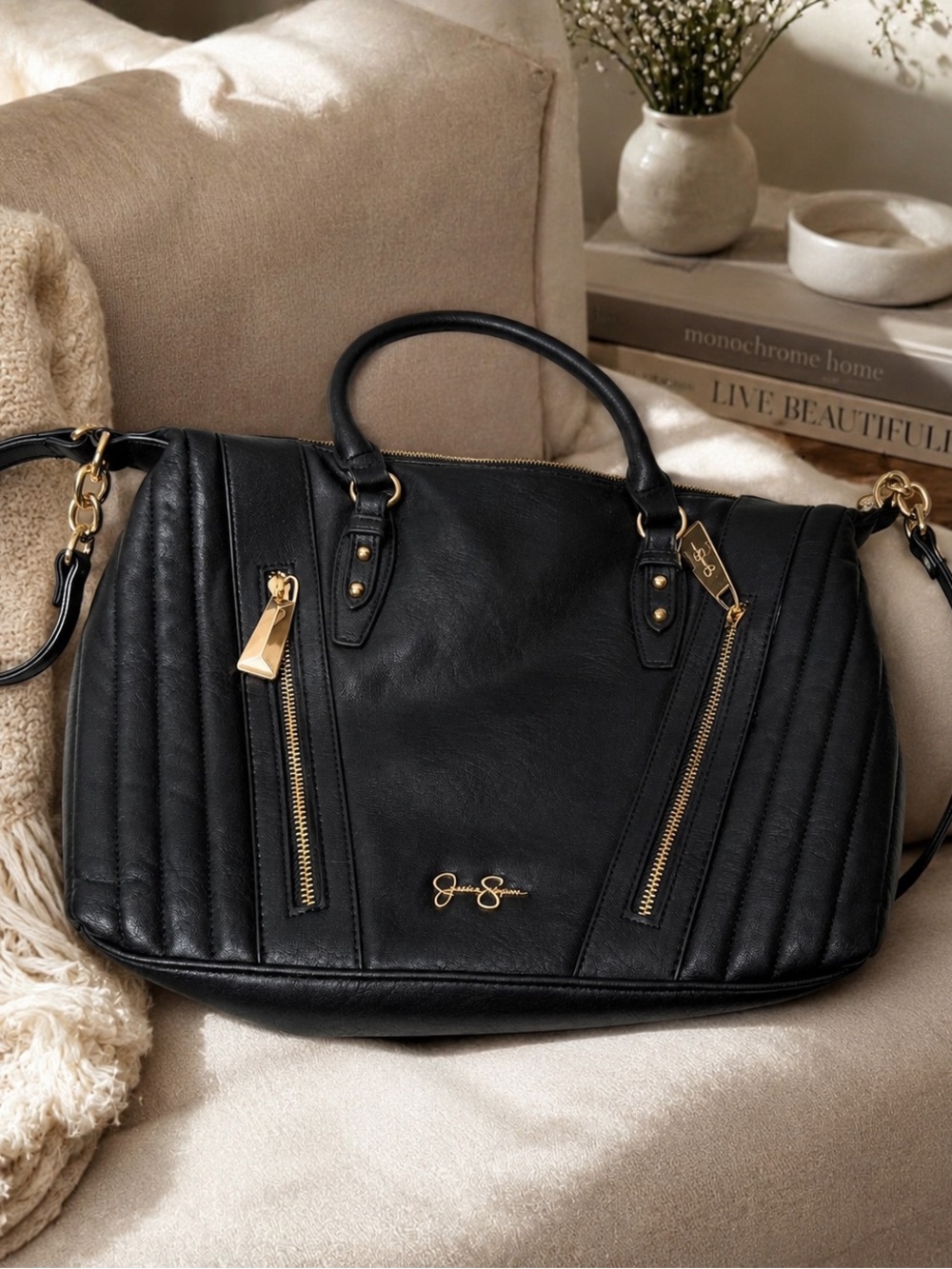 Jessica Simpson Black Moto Satchel Purse Gold Hardware Y2K Bag